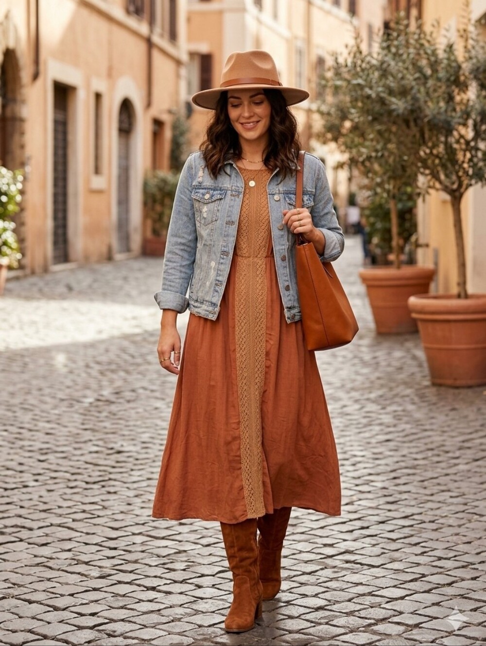 Roolee Women's M Rust Long-Sleeve Maxi Dress with Lace Front Panel